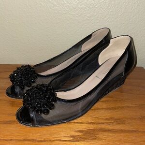 Ron White "Ritchie" Black Patent Leather Mesh Wedges with Beaded Toe Size 9.5